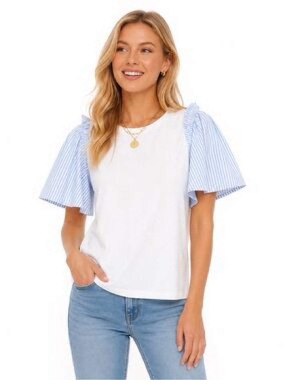 Tuckernuck Hyacinth House Cream Tee with Blue Striped Puff Sleeves Size M